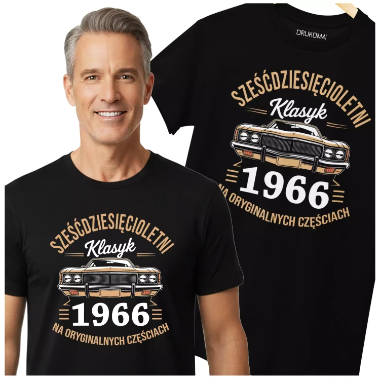Koszulka na 60 lat urodziny sześćdziesiąte urodziny z napisem SZEŚĆDZIESIĘCIOLETNI KLASYK 1966 NA ORYGINALNYCH CZĘŚCIACH (2).webp