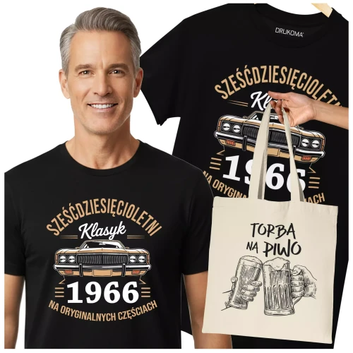Koszulka z torbą na 60 lat urodziny sześćdziesiąte urodziny z napisem SZEŚĆDZIESIĘCIOLETNI KLASYK 1966 NA ORYGINALNYCH.webp