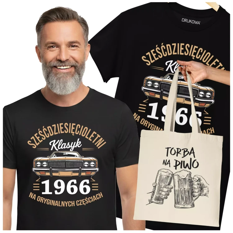 Koszulka z torbą na 60 lat urodziny sześćdziesiąte urodziny z napisem SZEŚĆDZIESIĘCIOLETNI KLASYK 1966 NA ORYGINALNYCH CZ (1).webp