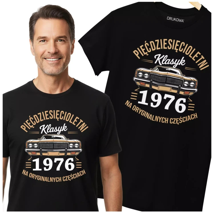 Koszulka na urodziny na 50 PIĘĆDZIESIĄTKĘ z napisem PIĘĆDZISIĘCIOLETNI KLASYK 1976 NA ORYGINALNYCH CZĘŚCIACH (4).webp