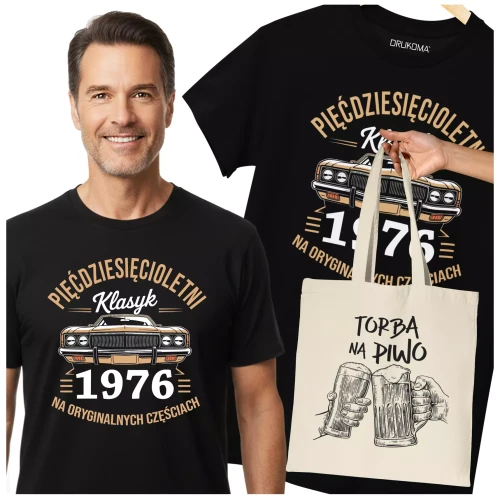 Koszulka z torbą na urodziny na 50 PIĘĆDZIESIĄTKĘ z napisem PIĘĆDZISIĘCIOLETNI KLASYK 1976 NA ORYGINALNYCH CZĘŚCIACH (1).webp