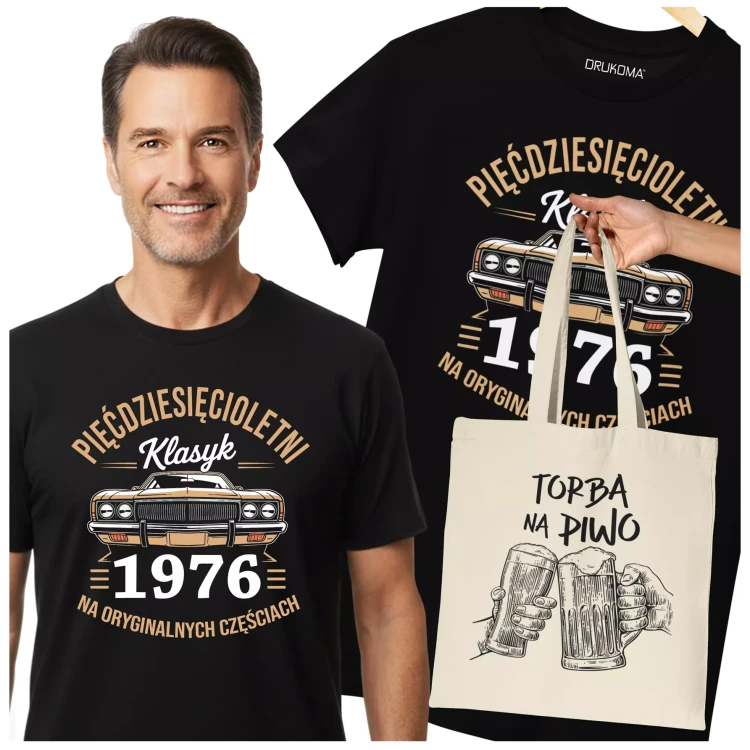 Koszulka z torbą na urodziny na 50 PIĘĆDZIESIĄTKĘ z napisem PIĘĆDZISIĘCIOLETNI KLASYK 1976 NA ORYGINALNYCH CZĘŚCIACH (1).webp