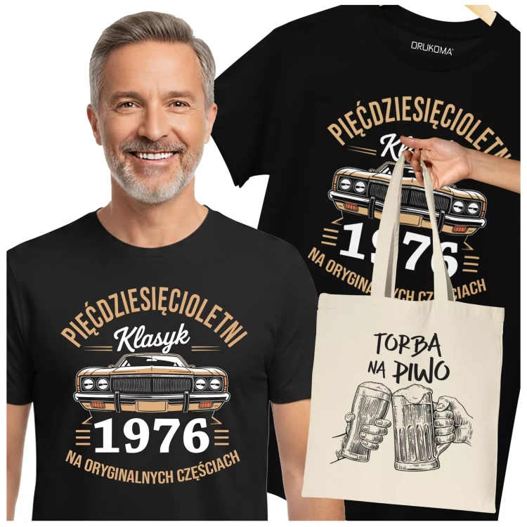 Koszulka z torbą na urodziny na 50 PIĘĆDZIESIĄTKĘ z napisem PIĘĆDZISIĘCIOLETNI KLASYK 1976 NA ORYGINALNYCH CZĘŚCIACH (.webp