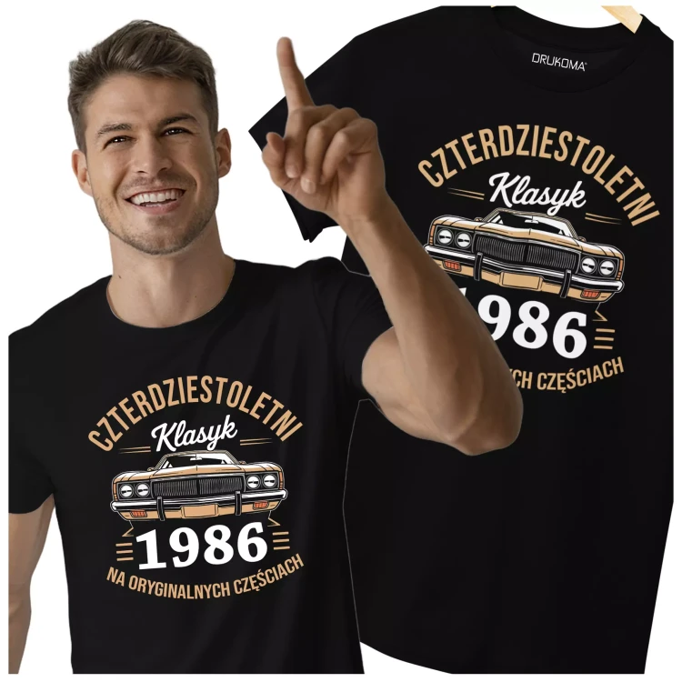 Koszulka na urodziny na 40 CZERDZISTKĘ z napisem CZTERDZIESTOLETNI KLASYK 1986 NA ORYGINALNYCH CZĘŚCIACH (2).webp