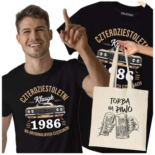 Koszulka z torbą na urodziny na 40 CZERDZISTKĘ z napisem CZTERDZIESTOLETNI KLASYK 1986 NA ORYGINALNYCH CZĘŚCIACH (1).webp