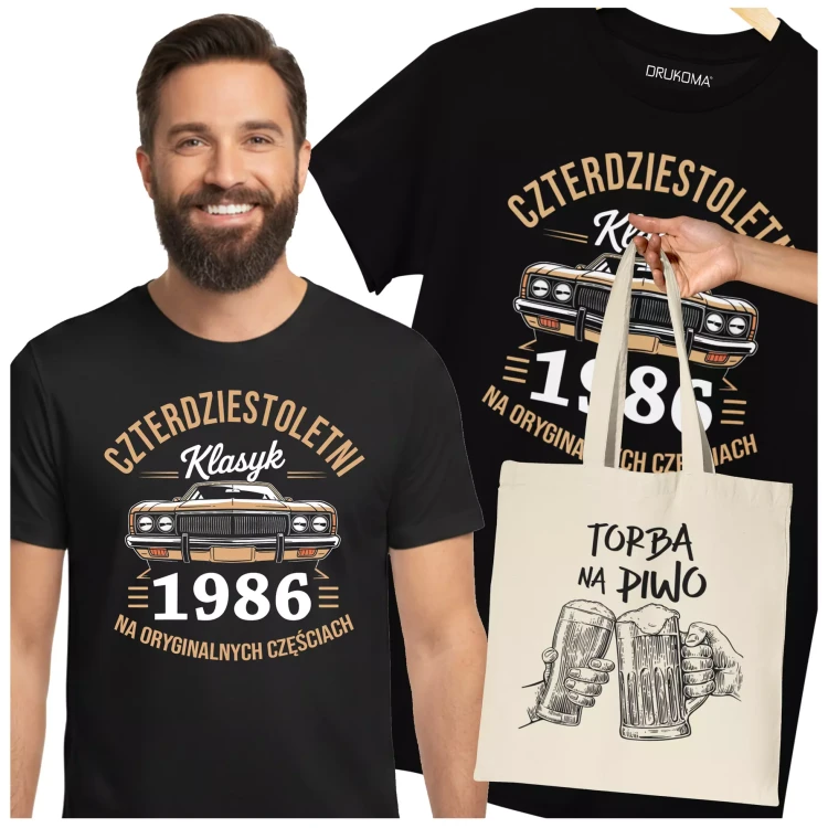 Koszulka z torbą na urodziny na 40 CZERDZISTKĘ z napisem CZTERDZIESTOLETNI KLASYK 1986 NA ORYGINALNYCH CZĘŚCIACH (2).webp