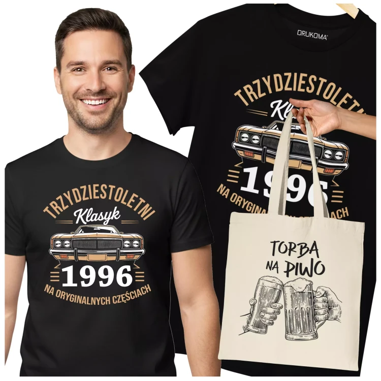 Koszulka z torbą na urodziny na 30 TRZYDZIESTKĘ z napisem TRZYDZIESTOLETNI KLASYK 1996 NA ORYGINALNYCH CZĘŚCIACH (1).webp