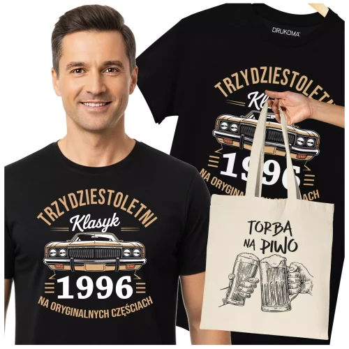 Koszulka z torbą na urodziny na 30 TRZYDZIESTKĘ z napisem TRZYDZIESTOLETNI KLASYK 1996 NA ORYGINALNYCH CZĘŚCIACH (2).webp