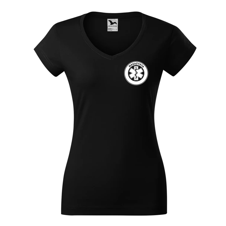 Koszulka damska Fit V-neck medyczna z krótkim rękawem z logo na sercu i plecach z nadrukiem MASAŻYSTA logo 180 gm² koszulka krótki rękaw WSZYSTKIE KOLORY (1).webp