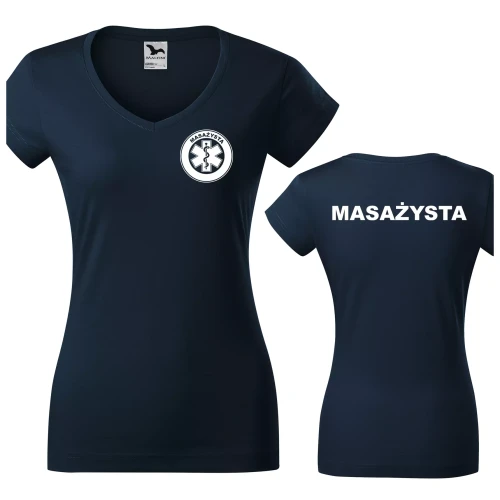 Koszulka damska Fit V-neck medyczna z krótkim rękawem z logo na sercu i plecach z nadrukiem MASAŻYSTA logo 180 gm² koszulka krótki rękaw WSZYSTKIE KOLORY.webp