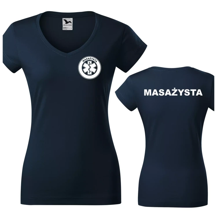 Koszulka damska Fit V-neck medyczna z krótkim rękawem z logo na sercu i plecach z nadrukiem MASAŻYSTA logo 180 gm² koszulka krótki rękaw WSZYSTKIE KOLORY.webp