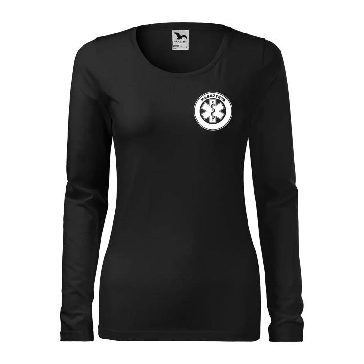 Koszulka damska z długim rękawem Slim 139 z logo własnym nadrukiem MASAŻYSTA na sercu i plecach odzież reklamowa 180 gm² WSZYSTKIE KOLORY (1).webp