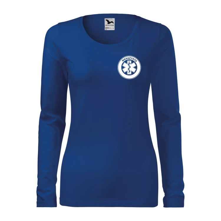 Koszulka damska z długim rękawem Slim 139 z logo własnym nadrukiem MASAŻYSTA na sercu i plecach odzież reklamowa 180 gm² WSZYSTKIE KOLORY (3).webp