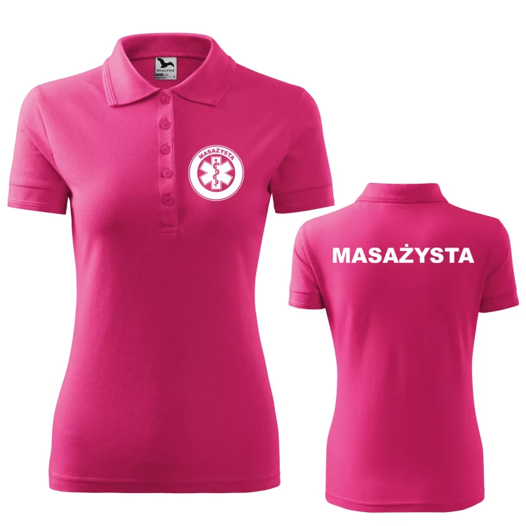 Koszulka damska polo z logo na sercu i plecach z nadrukiem MASAŻYSTA logo firmy 200 gm² Pique Polo 210 koszulka polo WSZYSTKIE KOLORY (1).webp