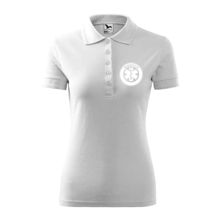 Koszulka damska polo z logo na sercu i plecach z nadrukiem MASAŻYSTA logo firmy 200 gm² Pique Polo 210 koszulka polo WSZYSTKIE KOLORY (2).webp