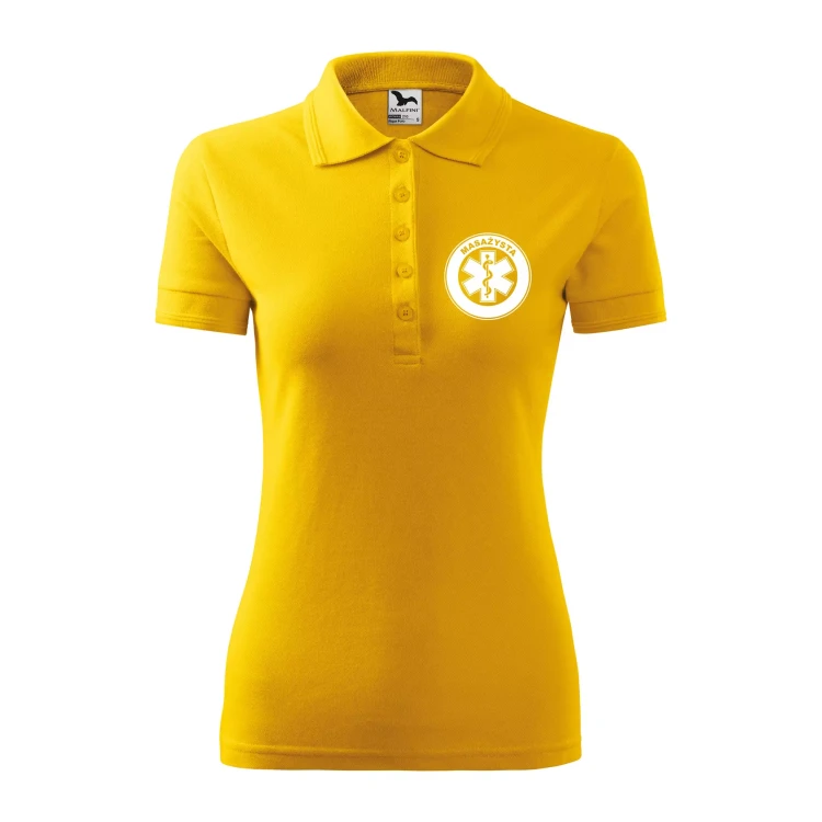 Koszulka damska polo z logo na sercu i plecach z nadrukiem MASAŻYSTA logo firmy 200 gm² Pique Polo 210 koszulka polo WSZYSTKIE KOLORY (5).webp