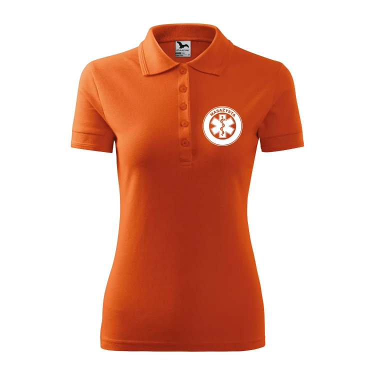 Koszulka damska polo z logo na sercu i plecach z nadrukiem MASAŻYSTA logo firmy 200 gm² Pique Polo 210 koszulka polo WSZYSTKIE KOLORY (10).webp