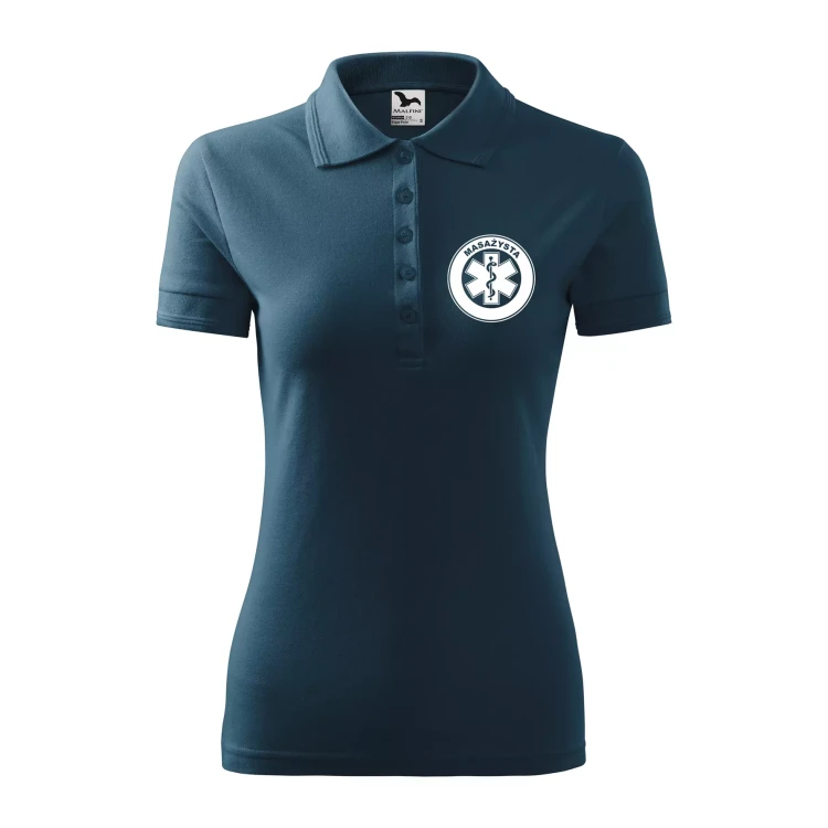 Koszulka damska polo z logo na sercu i plecach z nadrukiem MASAŻYSTA logo firmy 200 gm² Pique Polo 210 koszulka polo WSZYSTKIE KOLORY (17).webp