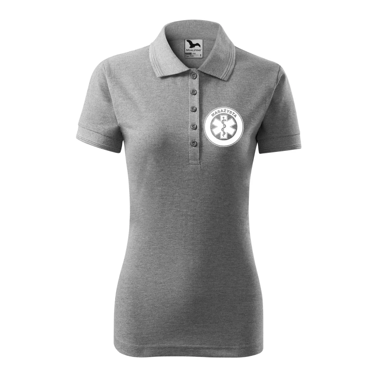 Koszulka damska polo z logo na sercu i plecach z nadrukiem MASAŻYSTA logo firmy 200 gm² Pique Polo 210 koszulka polo WSZYSTKIE KOLORY (24).webp