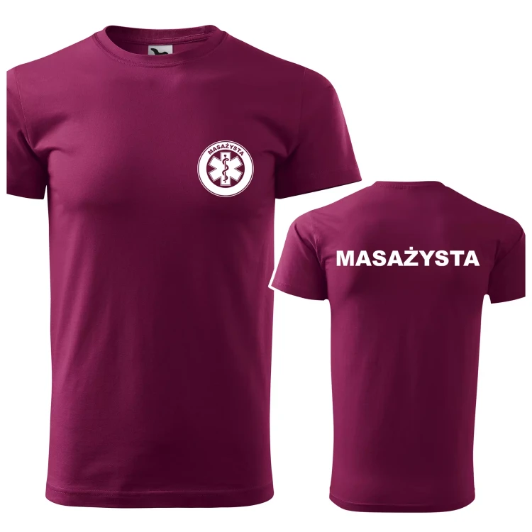 Koszulka z krótkim rękawem z logo na sercu i plecach męska z nadrukiem MASAŻYSTA 160g BASIC 129 koszulka krótki rękaw WSZYSTKIE KOLORY (1).webp