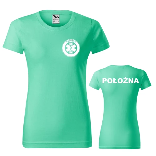 Koszulka damska BASIC 134 medyczna z krótkim rękawem z logo na sercu i plecach z nadrukiem POŁOŻNA logo 160 gm² koszulka krótki rękaw WSZYSTKIE KOLORY  (1).webp