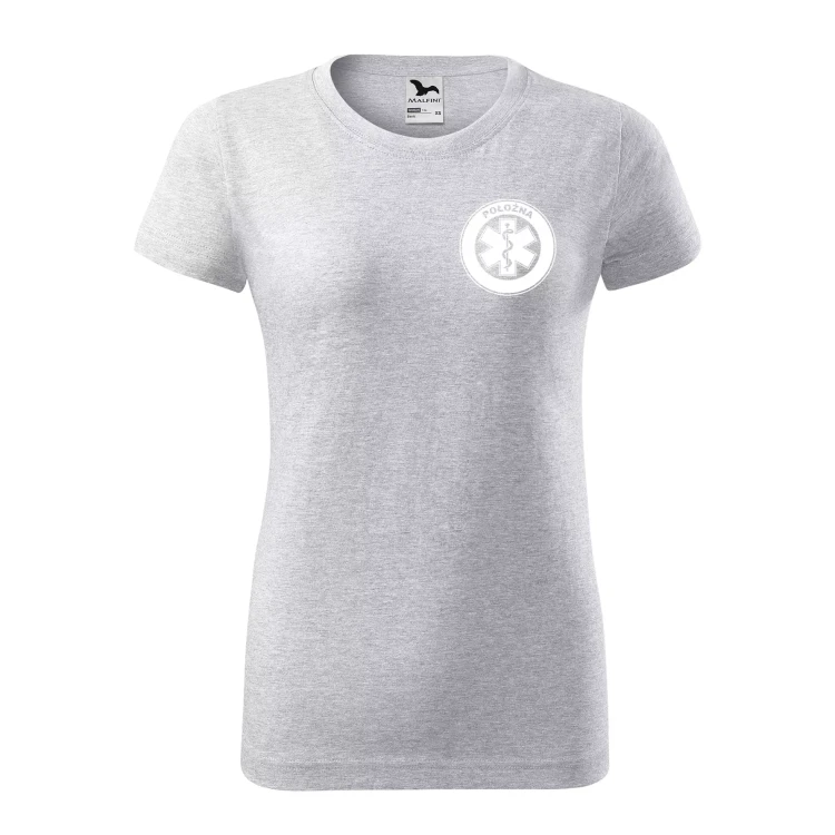 Koszulka damska BASIC 134 medyczna z krótkim rękawem z logo na sercu i plecach z nadrukiem POŁOŻNA logo 160 gm² koszulka krótki rękaw WSZYSTKIE KOLORY  (21).webp