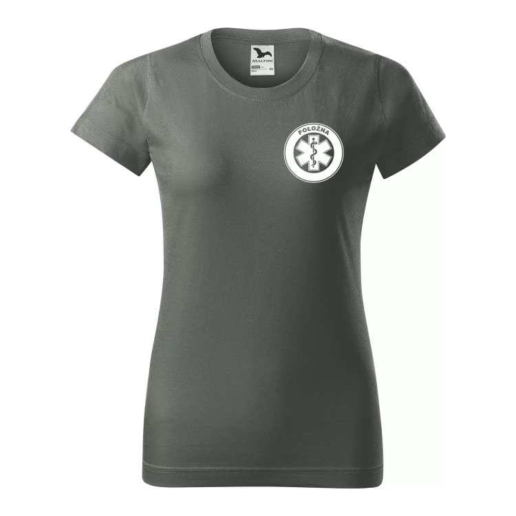Koszulka damska BASIC 134 medyczna z krótkim rękawem z logo na sercu i plecach z nadrukiem POŁOŻNA logo 160 gm² koszulka krótki rękaw WSZYSTKIE KOLORY  (34).webp