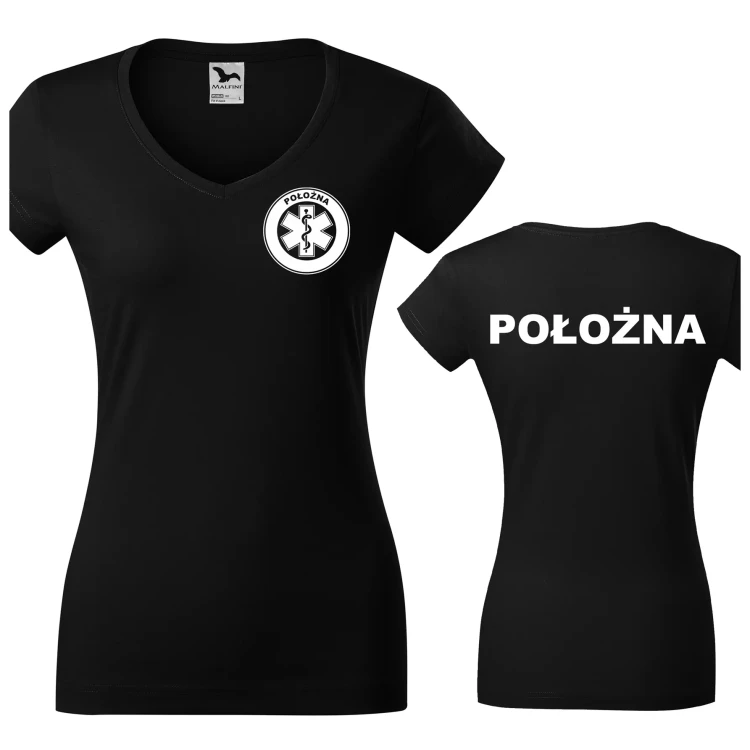 Koszulka damska Fit V-neck 162 medyczna z krótkim rękawem z logo na sercu i plecach z nadrukiem POŁOŻNA logo 180 gm² koszulka krótki rękaw WSZYSTKIE KOLORY.webp
