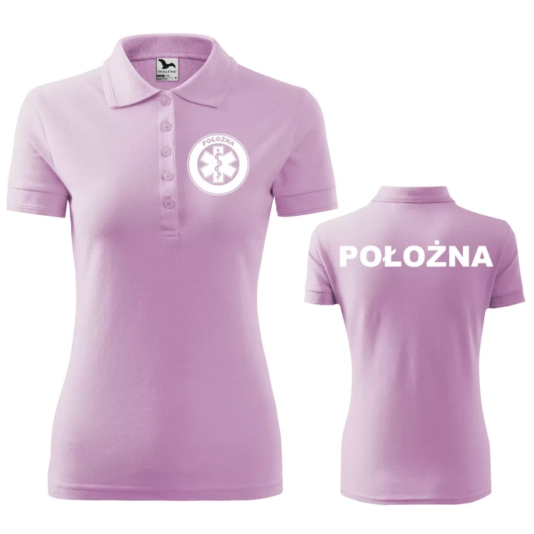 Koszulka damska polo z logo na sercu i plecach z nadrukiem POŁOŻNA logo firmy 200 gm² Pique Polo 210 koszulka polo WSZYSTKIE KOLORY (1).webp