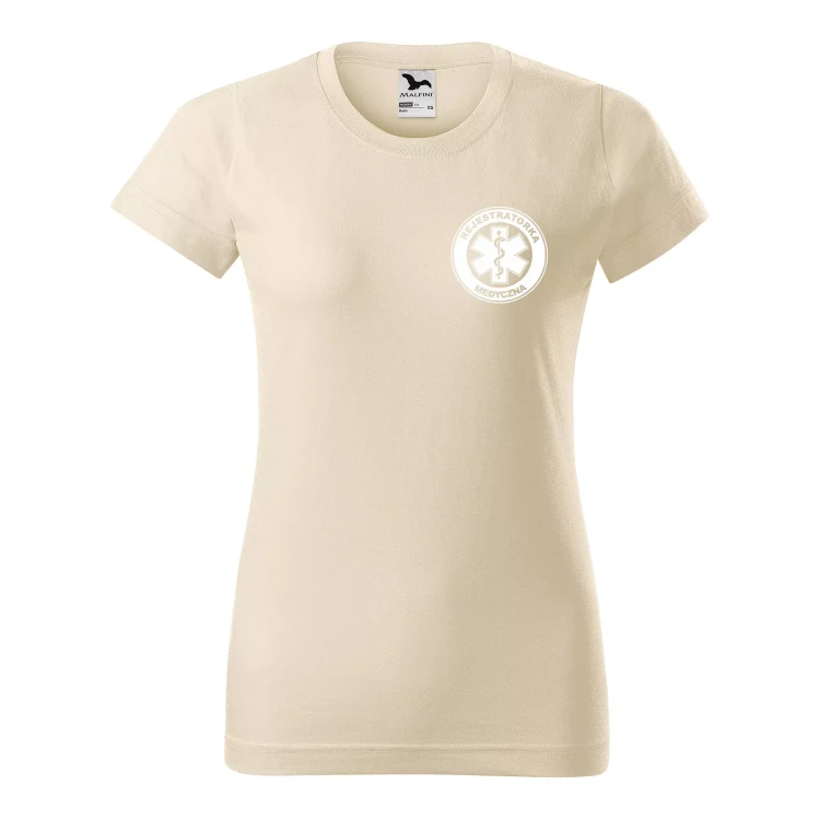Koszulka damska BASIC 134 medyczna z krótkim rękawem z logo na sercu i plecach z nadrukiem REJESTRATORKA MEDYCZNA logo 160 gm² koszulka krótki ręka.webp