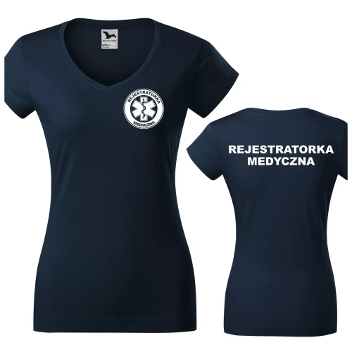 Koszulka damska Fit V-neck 162 medyczna z krótkim rękawem z logo na sercu i plecach z nadrukiem REJESTRATORKA MEDYCZNA logo 180 gm² koszulka krótki rę (1).webp