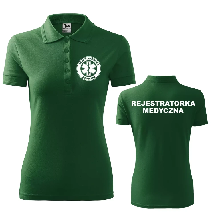Koszulka damska polo z logo na sercu i plecach z nadrukiem REJESTRATORKA MEDYCZNA logo firmy 200 gm² Pique Polo 210 koszulka polo WSZYSTKIE KOLORY (1).webp