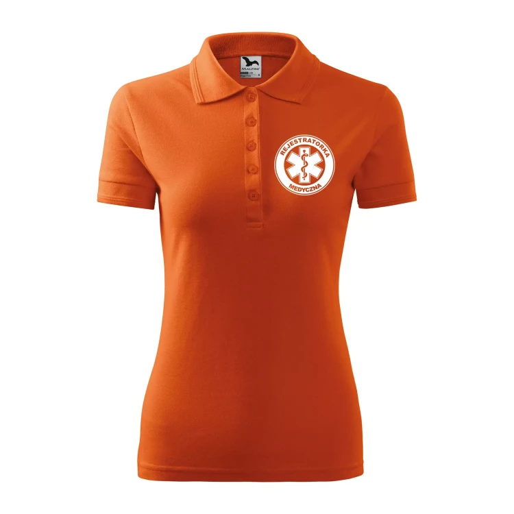 Koszulka damska polo z logo na sercu i plecach z nadrukiem REJESTRATORKA MEDYCZNA logo firmy 200 gm² Pique Polo 210 koszulka polo WSZYSTKIE KOLORY  (9).webp