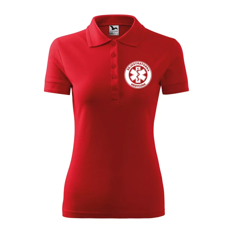 Koszulka damska polo z logo na sercu i plecach z nadrukiem REJESTRATORKA MEDYCZNA logo firmy 200 gm² Pique Polo 210 koszulka polo WSZYSTKIE KOLORY  (19).webp