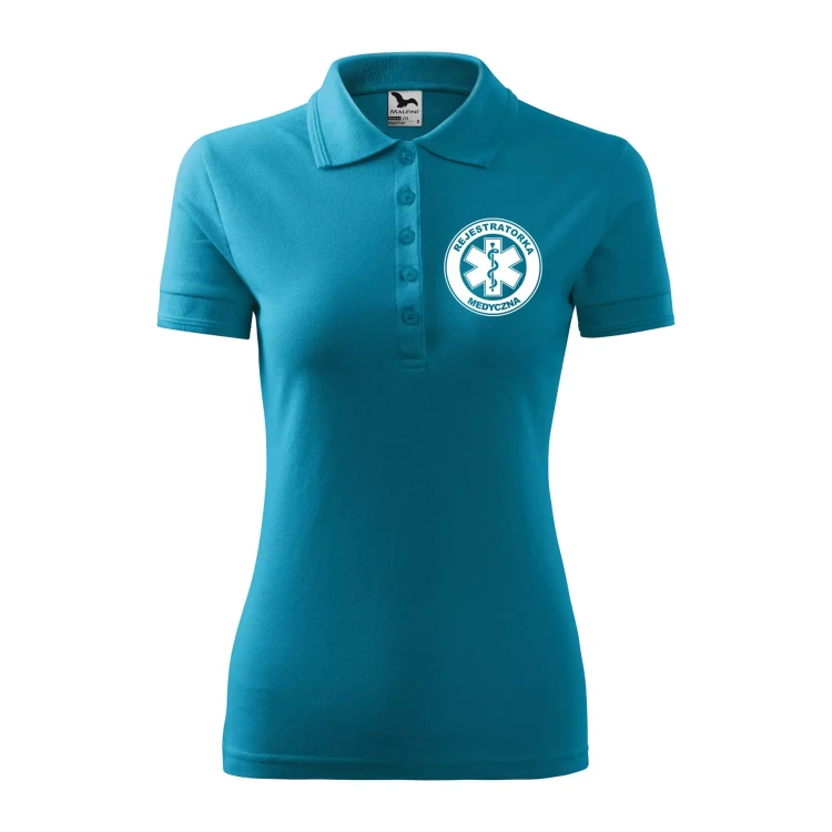 Koszulka damska polo z logo na sercu i plecach z nadrukiem REJESTRATORKA MEDYCZNA logo firmy 200 gm² Pique Polo 210 koszulka polo WSZYSTKIE KOLORY  (22).webp