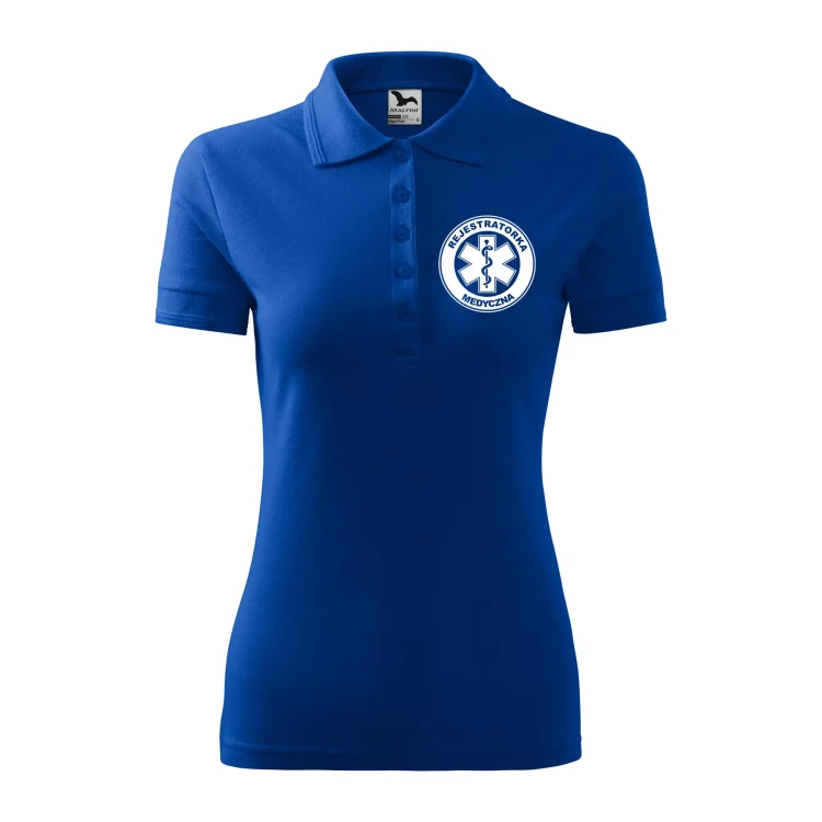Koszulka damska polo z logo na sercu i plecach z nadrukiem REJESTRATORKA MEDYCZNA logo firmy 200 gm² Pique Polo 210 koszulka polo WSZYSTKIE KOLORY  (24).webp