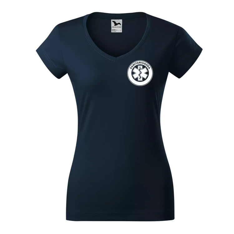 Koszulka damska Fit V-neck 162 medyczna z krótkim rękawem z logo na sercu i plecach z nadrukiem SANITARIUSZKA logo 180 gm² koszulka krótki rękaw WSZYSTKIE K (4).webp