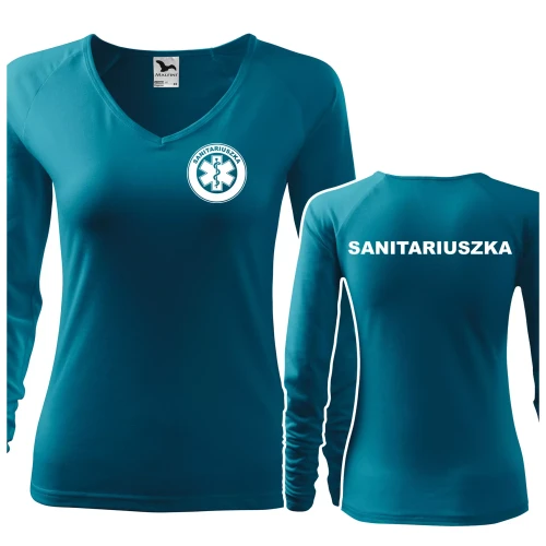 Koszulka damska z długim rękawem Elegance 127 z nadrukiem SANITARIUSZKA na sercu i plecach odzież reklamowa 180 gm² WSZYSTKIE KOLORY (1).webp