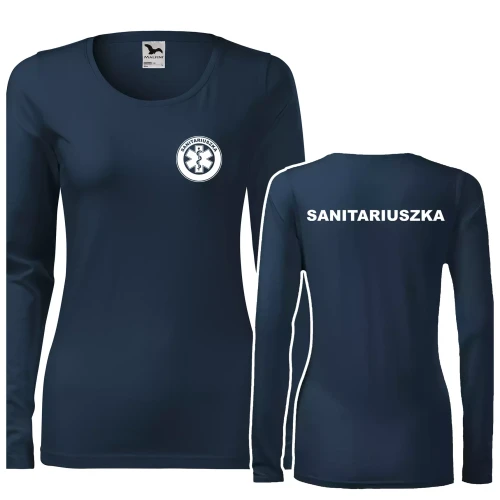 Koszulka damska z długim rękawem Slim 139 z logo własnym nadrukiem SANITARIUSZKA na sercu i plecach odzież reklamowa 180 gm² WSZYSTKIE KOLORY (5).webp