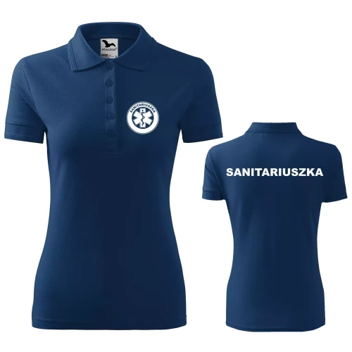 Koszulka damska polo z logo na sercu i plecach z nadrukiem SANITARIUSZKA logo firmy 200 gm² Pique Polo 210 koszulka polo WSZYSTKIE KOLORY (27).webp