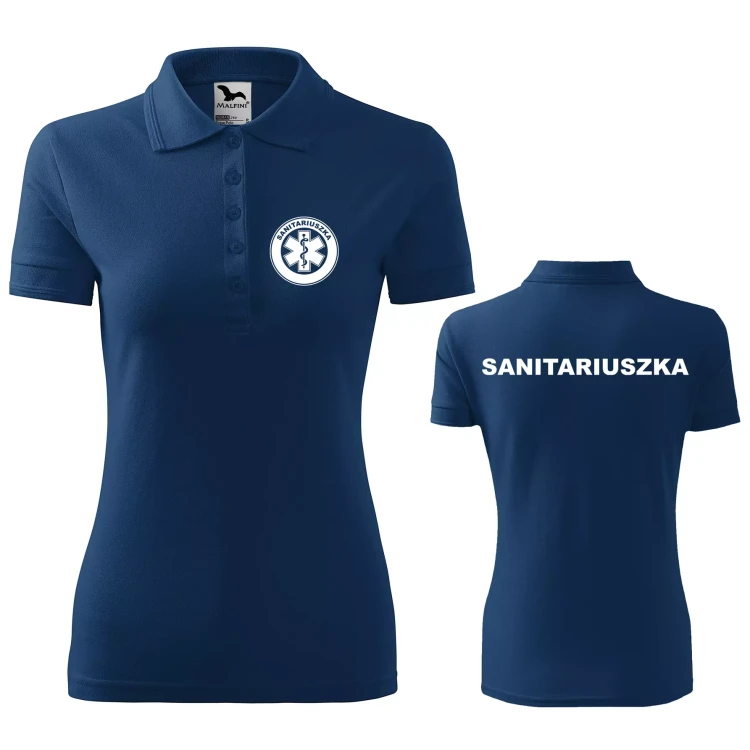 Koszulka damska polo z logo na sercu i plecach z nadrukiem SANITARIUSZKA logo firmy 200 gm² Pique Polo 210 koszulka polo WSZYSTKIE KOLORY (27).webp