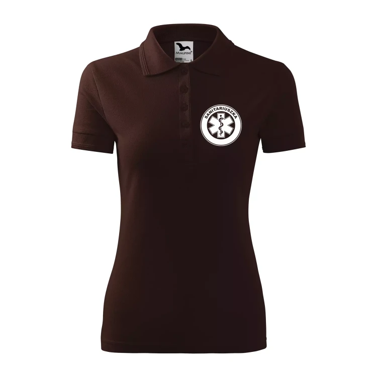 Koszulka damska polo z logo na sercu i plecach z nadrukiem SANITARIUSZKA logo firmy 200 gm² Pique Polo 210 koszulka polo WSZYSTKIE KOLORY (13).webp