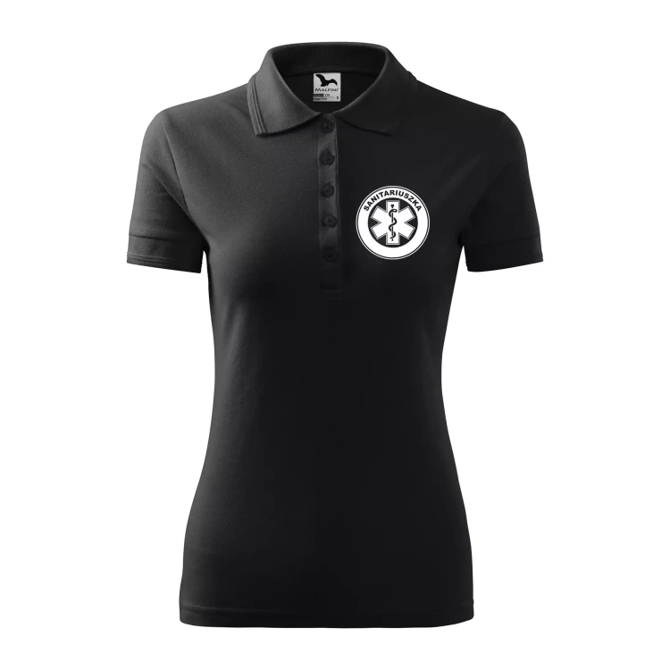 Koszulka damska polo z logo na sercu i plecach z nadrukiem SANITARIUSZKA logo firmy 200 gm² Pique Polo 210 koszulka polo WSZYSTKIE KOLORY (17).webp