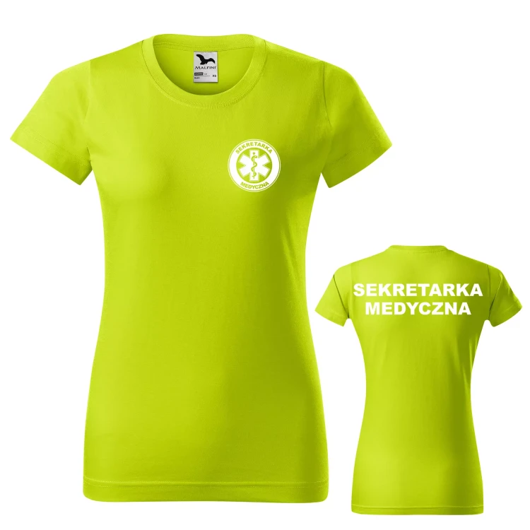 Koszulka damska BASIC 134 medyczna z krótkim rękawem z logo na sercu i plecach z nadrukiem SEKRETARKA MEDYCZNA logo 160 gm² koszulka krótki rękaw WSZYSTK (1).webp