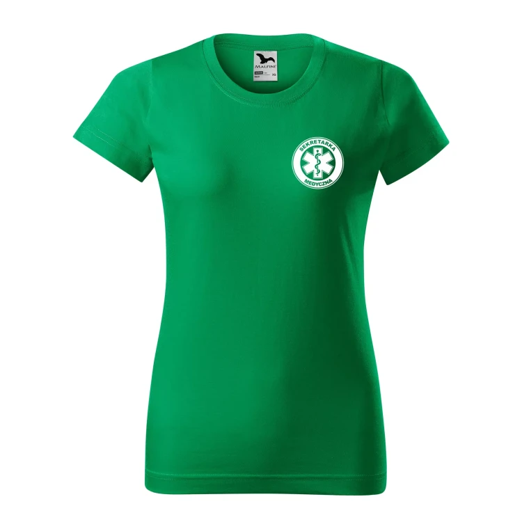 Koszulka damska BASIC 134 medyczna z krótkim rękawem z logo na sercu i plecach z nadrukiem SEKRETARKA MEDYCZNA logo 160 gm² koszulka krótki rękaw WSZY (4).webp