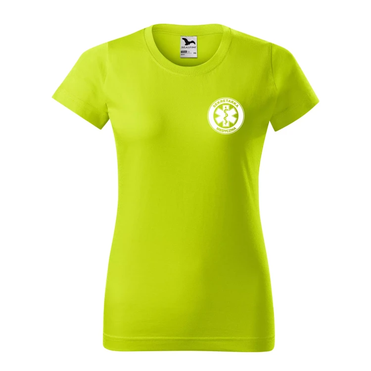 Koszulka damska BASIC 134 medyczna z krótkim rękawem z logo na sercu i plecach z nadrukiem SEKRETARKA MEDYCZNA logo 160 gm² koszulka krótki rękaw WSZY (16).webp