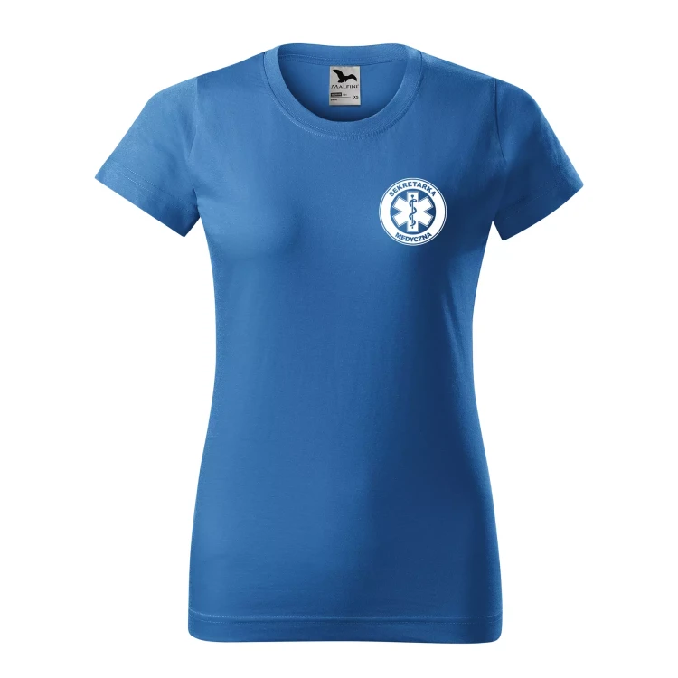 Koszulka damska BASIC 134 medyczna z krótkim rękawem z logo na sercu i plecach z nadrukiem SEKRETARKA MEDYCZNA logo 160 gm² koszulka krótki rękaw WSZY (17).webp