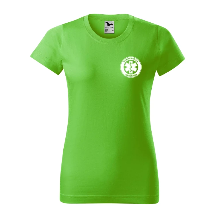 Koszulka damska BASIC 134 medyczna z krótkim rękawem z logo na sercu i plecach z nadrukiem SEKRETARKA MEDYCZNA logo 160 gm² koszulka krótki rękaw WSZY (22).webp