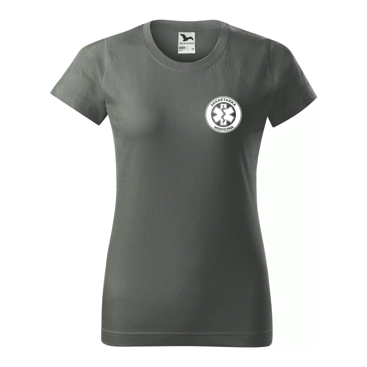 Koszulka damska BASIC 134 medyczna z krótkim rękawem z logo na sercu i plecach z nadrukiem SEKRETARKA MEDYCZNA logo 160 gm² koszulka krótki rękaw WSZY (34).webp