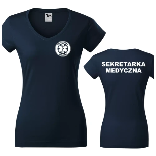 Koszulka damska Fit V-neck 162 medyczna z krótkim rękawem z logo na sercu i plecach z nadrukiem SEKRETARKA MEDYCZNA logo 180 gm² koszulka krótki rękaw (4).webp